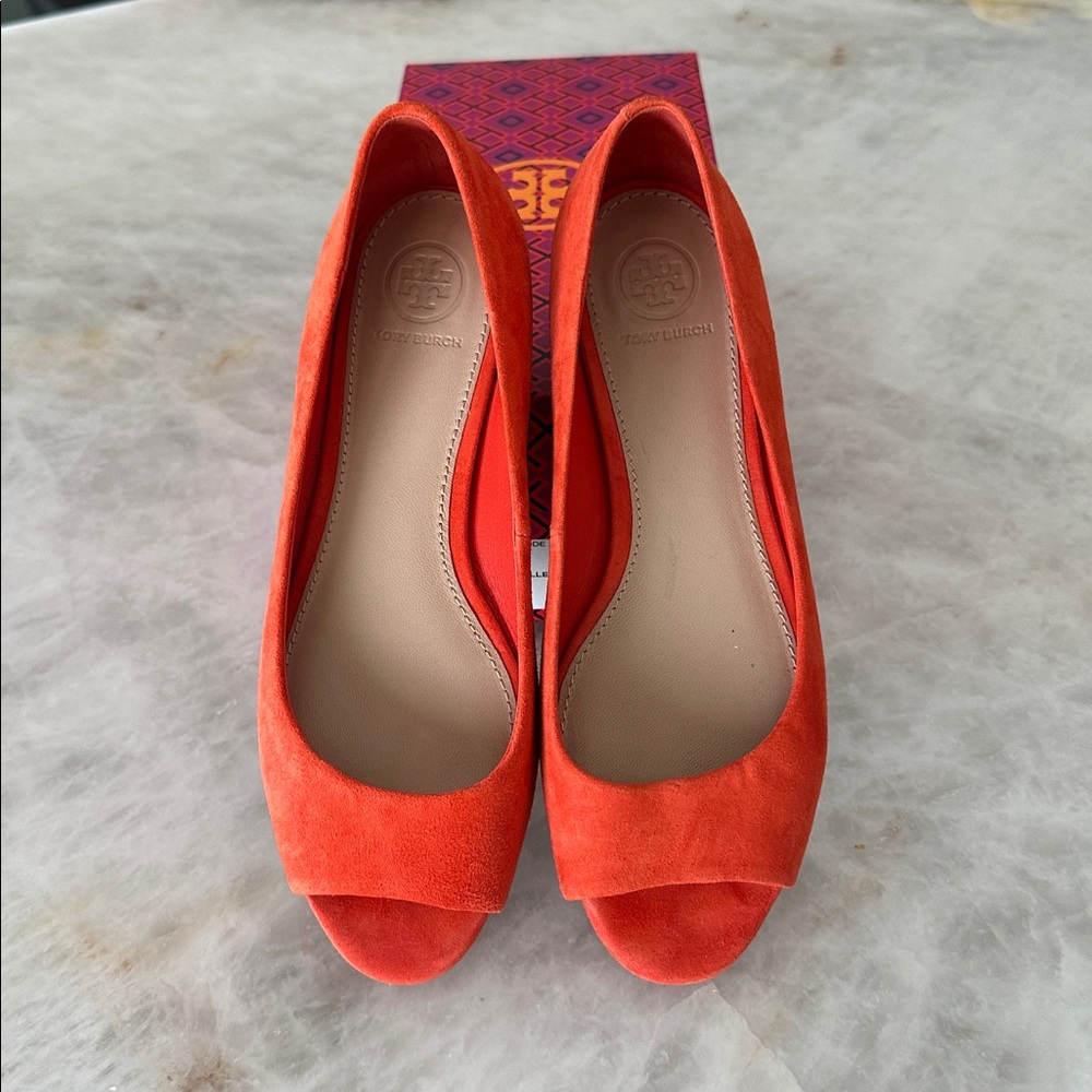 Tory Burch SALINAS Peep toe ballet flat shoes, orange suede 7